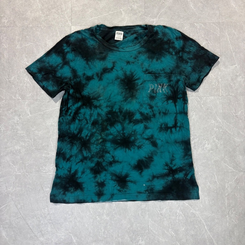 Victoria Secret PINK Tie Dye Rhinestone Pocket T-Shirt Teal Black Large
